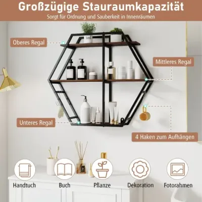 Hexagon industrial raft de perete 3 etape raft plutitor decorativ cu cârlig Rustic