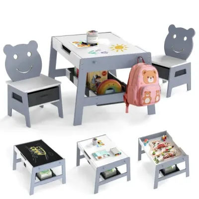 5 din 1 masa pentru copii cu 2 scaune in forma de urs Maltisch mit Wendbaren Tafel & Whiteboard Grau