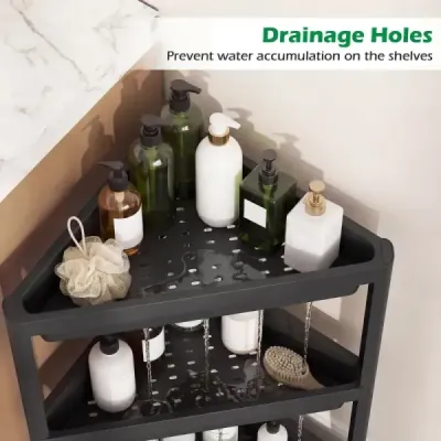 2 set rack colț cu design detașabil și găuri de scurgere Rack baie independent negru