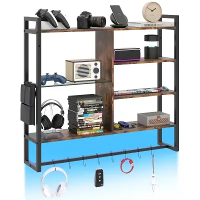 rafturi de perete plutitoare cu 6 etaje cu 8 S-hooks & buzunar lateral cu RGB-LED 107 x 24 x 96 cm Rustic Brown