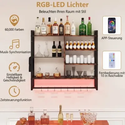rafturi de perete plutitoare cu 6 etaje cu 8 S-hooks & buzunar lateral cu RGB-LED 107 x 24 x 96 cm Rustic Brown