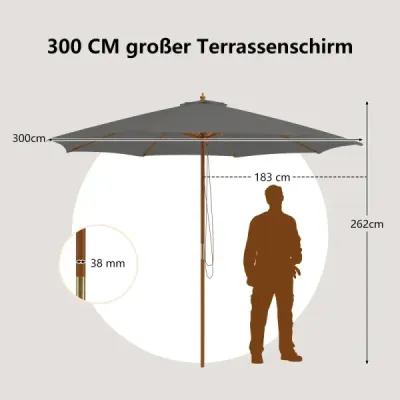 umbrela mare de lemn 300 cm cu 8 coaste de bambus 3 inaltimi reglabile gri