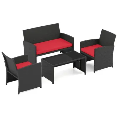 Set mobilier gradina Rattan cu 2 scaune & banc & masa si perne Mobilier exterior Lounge Set gradina rosie