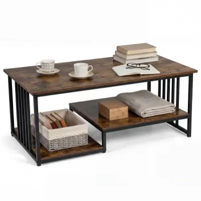Măsuță de cafea dreptunghiulară cu 2 zone de stocare și cadru metalic robust Masa de accent modern Rustic Brown