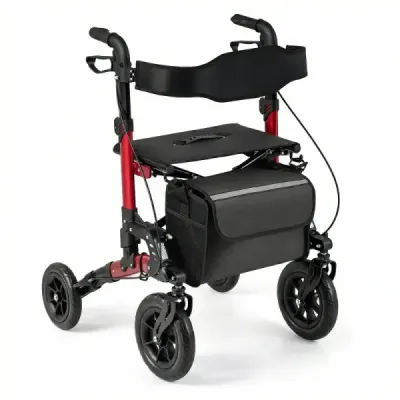2 în 1 scaun cu rotile și rolă de călătorie cu scaun de până la 136 kg cu role pliabile obturator Aluminum ajutor de mers pe jos Red