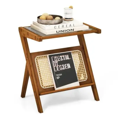 Masa laterala de bambus cu suport revista rattan & placă de sticlă de cafea în formă de Z Walnut