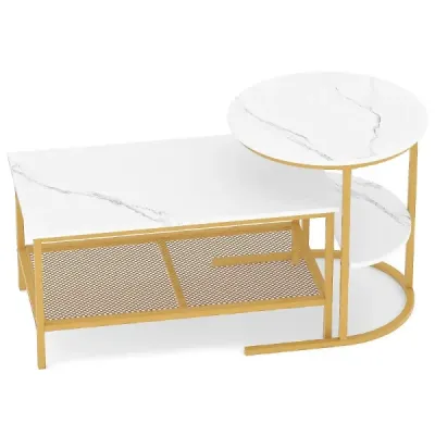 Masa de cafea combinata 2 piese set de masuta de cafea cu placa de marmura artificiala alb