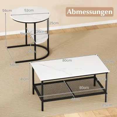 Masa de cafea combinata 2 piese set de masuta de cafea cu placa de marmura artificiala neagra