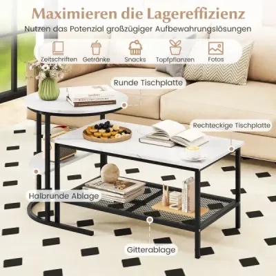 Masa de cafea combinata 2 piese set de masuta de cafea cu placa de marmura artificiala neagra