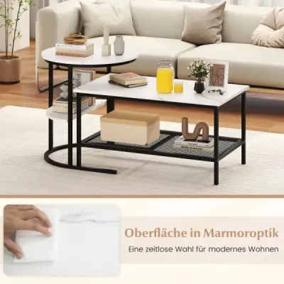 Masa de cafea combinata 2 piese set de masuta de cafea cu placa de marmura artificiala neagra