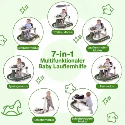 7 în 1 ajutor de rulare cu înălțime & reglabilă de sus și viteză cărucior de rulare pliabil verde