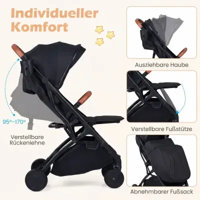 Cărucior pliabil cu protecție pentru ploaie & backrest reglabil & pliabil de călătorie de top buggy negru