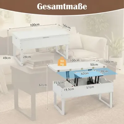Masa de cafea cu inaltime reglabila top 3 in 1 masuta de cafea decapotabila cu 3 compartimente ascunse Alb