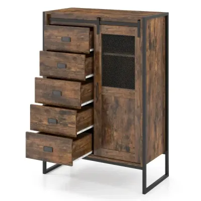 Cabinet bufet rustic cu ușă glisantă & 5 sertare & raft reglabil Rustic Brown