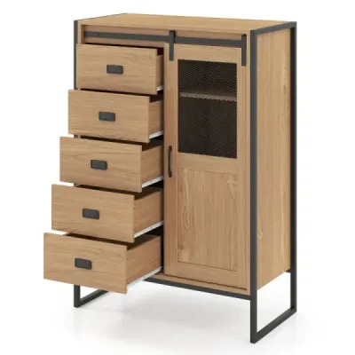 Cabinet tip bufet rustic cu usi glisante & 5 sertare si rafturi reglabile