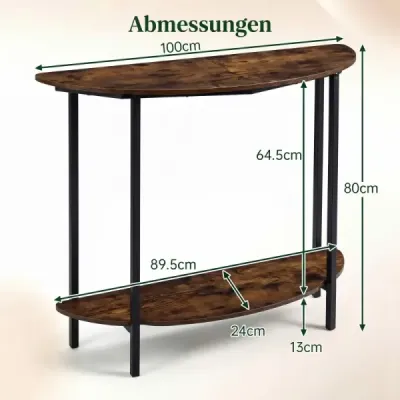 Semi-runder masă industrială cu 2 rafturi deschise Schamler consola masă Rustic Brown