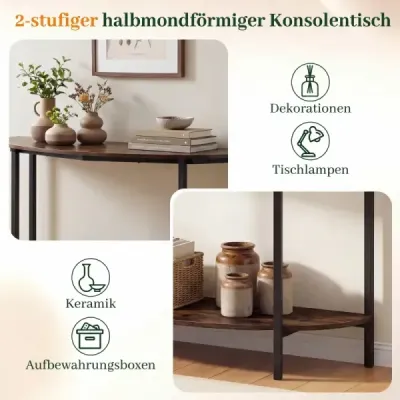 Semi-runder masă industrială cu 2 rafturi deschise Schamler consola masă Rustic Brown