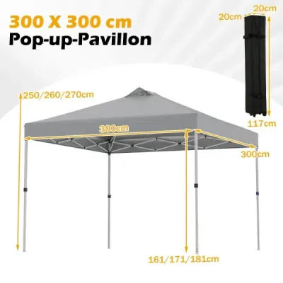 3 x 3 m Pop-Up Pavillon mit 4 Sandsäcken & Heringen & Seilen Faltpavillon Gartenpavillon Grau