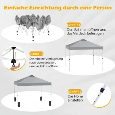 3 x 3 m Pop-Up Pavillon mit 4 Sandsäcken & Heringen & Seilen Faltpavillon Gartenpavillon Grau