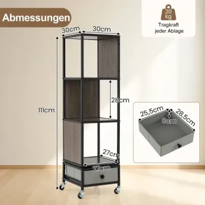 4 stick stand raft pe role Bookcase cu placa de lemn & sertar tesatura Carte cos gri