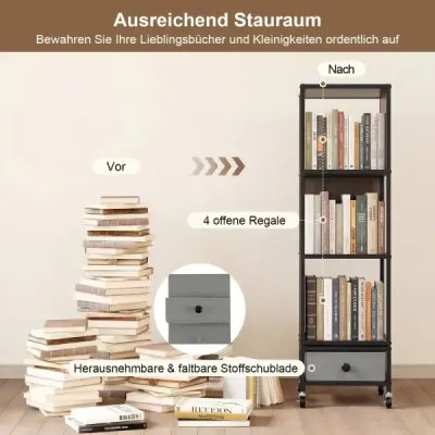 4 stick stand raft pe role Bookcase cu placa de lemn & sertar tesatura Carte cos gri