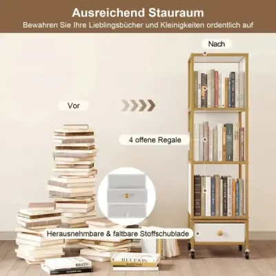 4 stick stand raft pe role Bookcase cu placa de lemn & sertar tesatura Carte cos alb