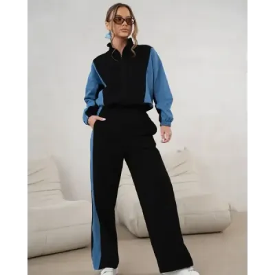 Rochie set zip hanorac + pantaloni largi picior negru și albastru (821151)