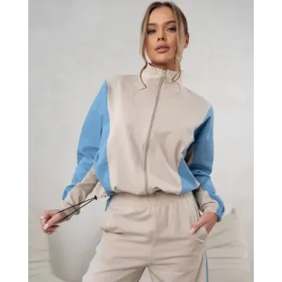 Rochie set zip hanorac + picior larg pantaloni bej-albastru (821151)