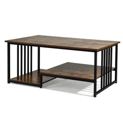 Măsuță de cafea dreptunghiulară cu 2 zone de stocare și cadru metalic robust Masa de accent modern Rustic Brown