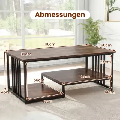 Măsuță de cafea dreptunghiulară cu 2 zone de stocare și cadru metalic robust Masa de accent modern Rustic Brown
