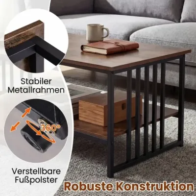 Măsuță de cafea dreptunghiulară cu 2 zone de stocare și cadru metalic robust Masa de accent modern Rustic Brown