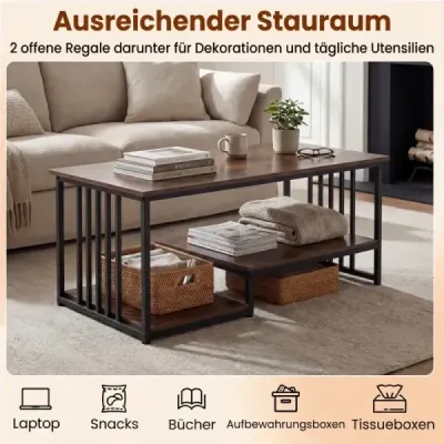 Măsuță de cafea dreptunghiulară cu 2 zone de stocare și cadru metalic robust Masa de accent modern Rustic Brown