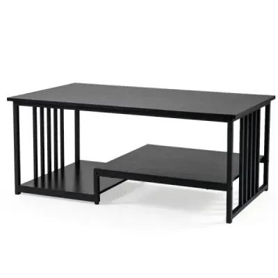 Măsuță de cafea dreptunghiulară cu 2 zone de stocare și cadru metalic robust Masa de accent modern Negru
