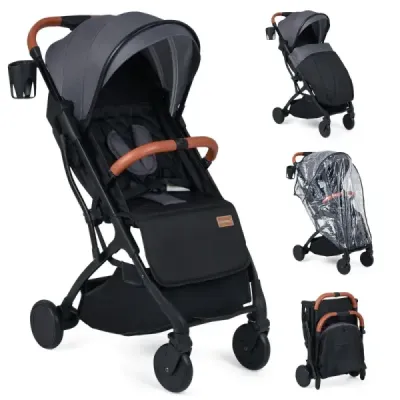 Cărucior pliabil cu protecție pentru ploaie & backrest reglabile & picioare de călătorie buggy gri