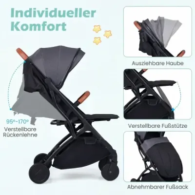 Cărucior pliabil cu protecție pentru ploaie & backrest reglabile & picioare de călătorie buggy gri