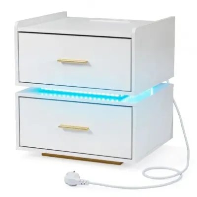 Masa de noapte cu stație de încărcare LED 2 sertare Modern semi-floating picior de metal alb
