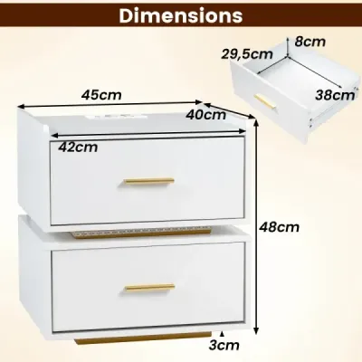 Masa de noapte cu stație de încărcare LED 2 sertare Modern semi-floating picior de metal alb