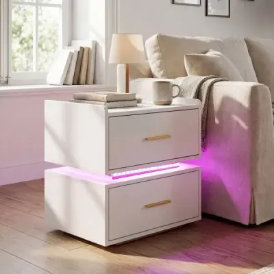 Masa de noapte cu stație de încărcare LED 2 sertare Modern semi-floating picior de metal alb