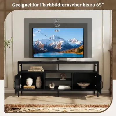 TV dulap Lowboard pentru 65" TV cu 2 dulapuri 4 rafturi deschise Negru