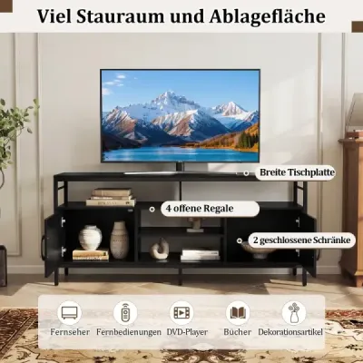 TV dulap Lowboard pentru 65" TV cu 2 dulapuri 4 rafturi deschise Negru