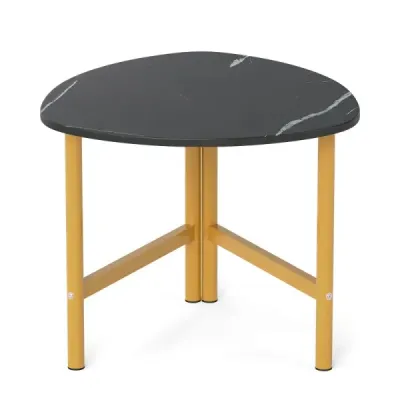 masuta de cafea triunghiulara ovala cu picioare de cafea din metal accent rustic maro si negru
