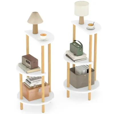 2nd set side table 3 floor round out bambus noapte masa canapea pentru living Dormitor Alb + Natura