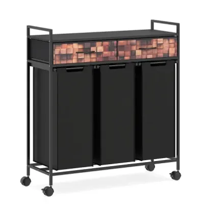 3 compartimente Cos de rufe 135L Rollbar cu sertare Spălătorie saci pentru baie Camera de zi Negru + Rustic Brown