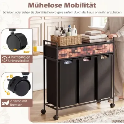 3 compartimente Cos de rufe 135L Rollbar cu sertare Spălătorie saci pentru baie Camera de zi Negru + Rustic Brown