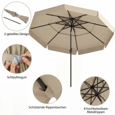umbrelă de 300 cm neigible pe piață în aer liber cu acoperiș de ventilație în 3 etape Bej