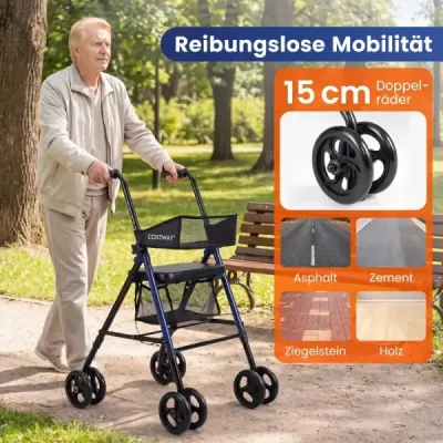 Roller pliabil cu sac de scaune 8 compartiment Inaltime Lumina reglabila 15cm Roti pentru Seniori Albastru