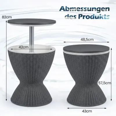 3 în 1 Cool Bar 30L Outdoor Beer & Wine Cooler în Rattanoptik Înălțime reglabilă Side Table gri
