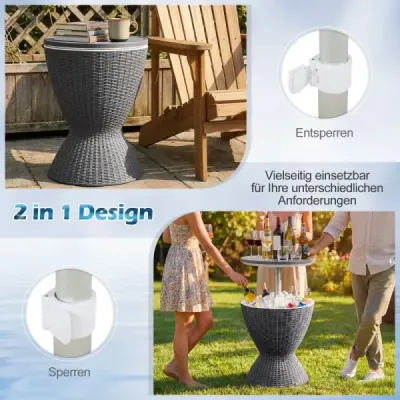 3 în 1 Cool Bar 30L Outdoor Beer & Wine Cooler în Rattanoptik Înălțime reglabilă Side Table gri