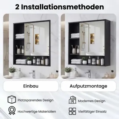 Dulap oglindă cu ușă oglindă & 3 rafturi deschise Dulap de perete negru
