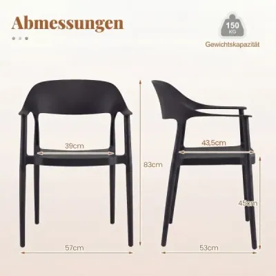 Dining scaun din plastic rezistent la vreme Stackable Armrest 150 kg Încărcat interior negru